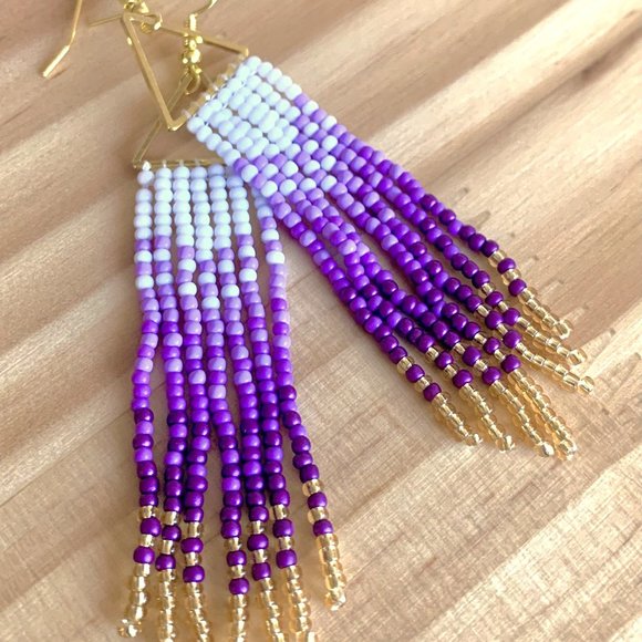 Gradient Colors Gold Triangle Body Hand Beaded Seed Bead Tassel Dangle Earrings - Picture 9 of 15